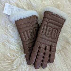 UGG Brown Leather Gloves with White Fur Trim. New with tags.